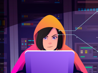 Screenshot aus dem Web Based Training auf dem man eine vermeintliche Cyberkriminelle beim Arbeiten am Laptop sieht