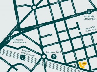 Kartenansicht, die Straßen und Haltestellen um die CSBW verortet