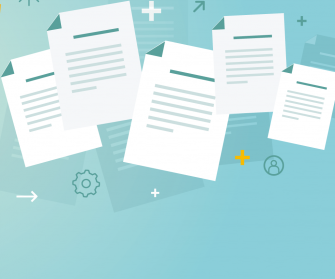 Grafik mit mehreren Papierblättern nebeneinander. Der Text auf den Blättern ist nicht lesbar, sondern symbolisch dargestellt.