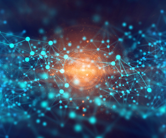 Blaue Netzlinien vor rotem Kreis