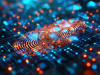 Rote und blaue Punkte verbunden mit Linien auf dunklem Hintergrund mit aufgelegtem Fingerabdruck