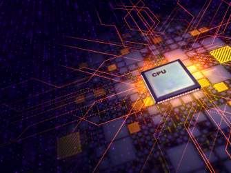 Platine und Speicherchip mit orangefarbenen Netzlinien