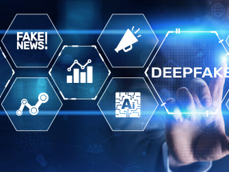 Symbolbild für Deep Fakes mit mehreren Kacheln und einer Hand, die darauf tipps