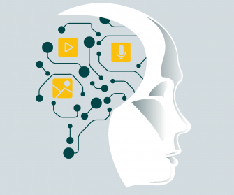 Kopf mit Vernetzungslinien, der Symbole für Audio-, Video und Bilddateien enthält.