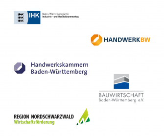 Logoübersicht der beteiligten Multiplikatoren: Baden-Württembergischer Industrie- und Handelskammertag, HandwerkBW, Handwerkskammern Baden-Württemberg, Bauwirtschaft Baden-Württemberg e.V. und Wirtschaftsförderung Region Nordschwarzwald
